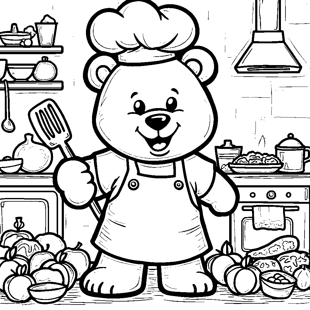 Bear wearing a chef's hat and holding a spatula