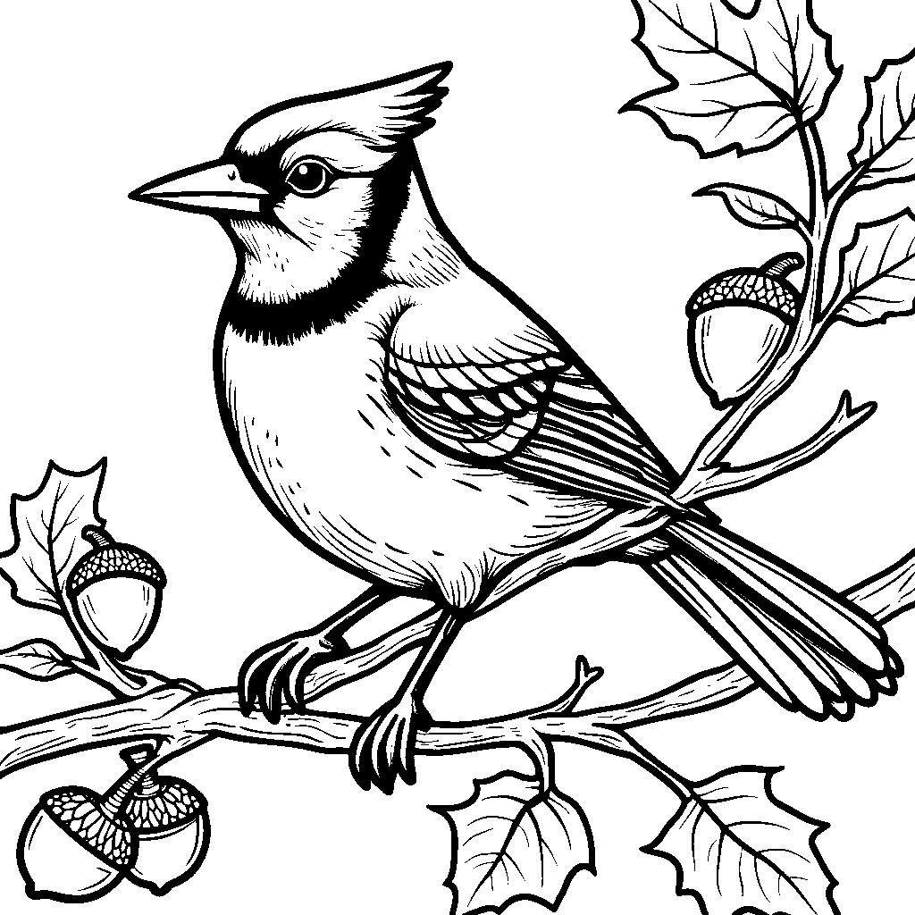 A bright blue jay perched on a branch with acorns