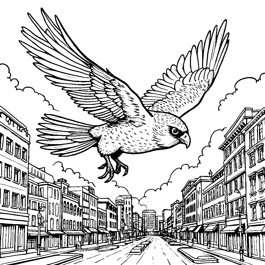 A falcon soaring through city skyscrapers