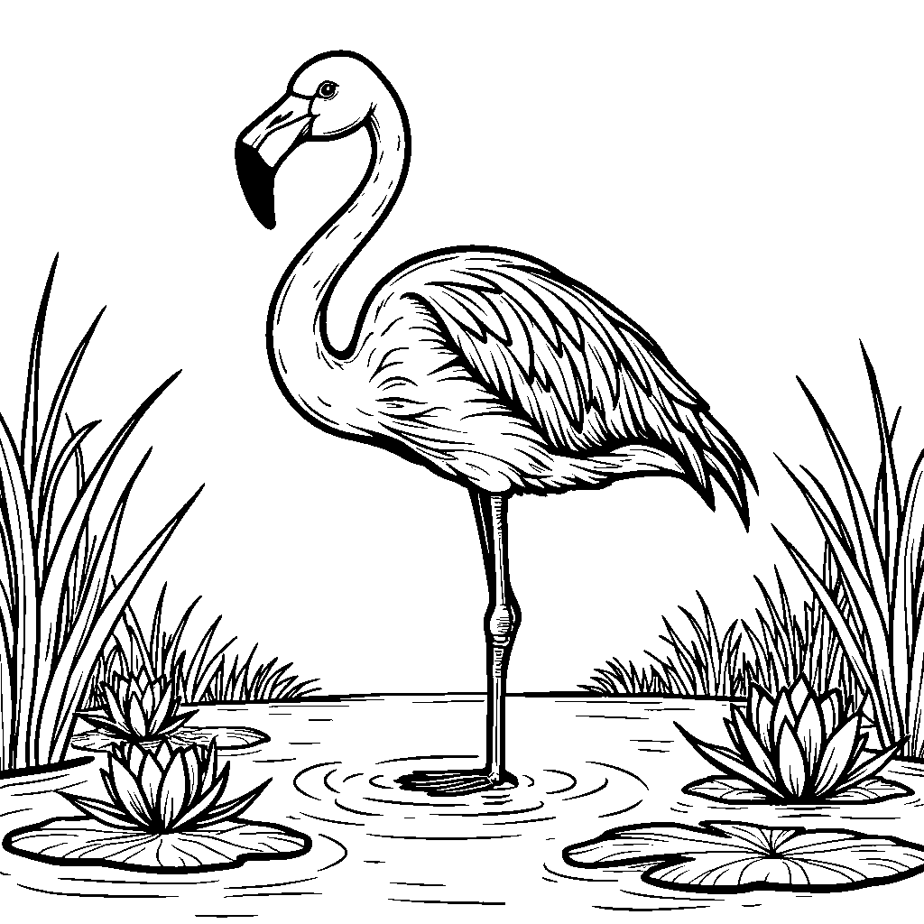 A flamingo standing on one leg in the shallow water