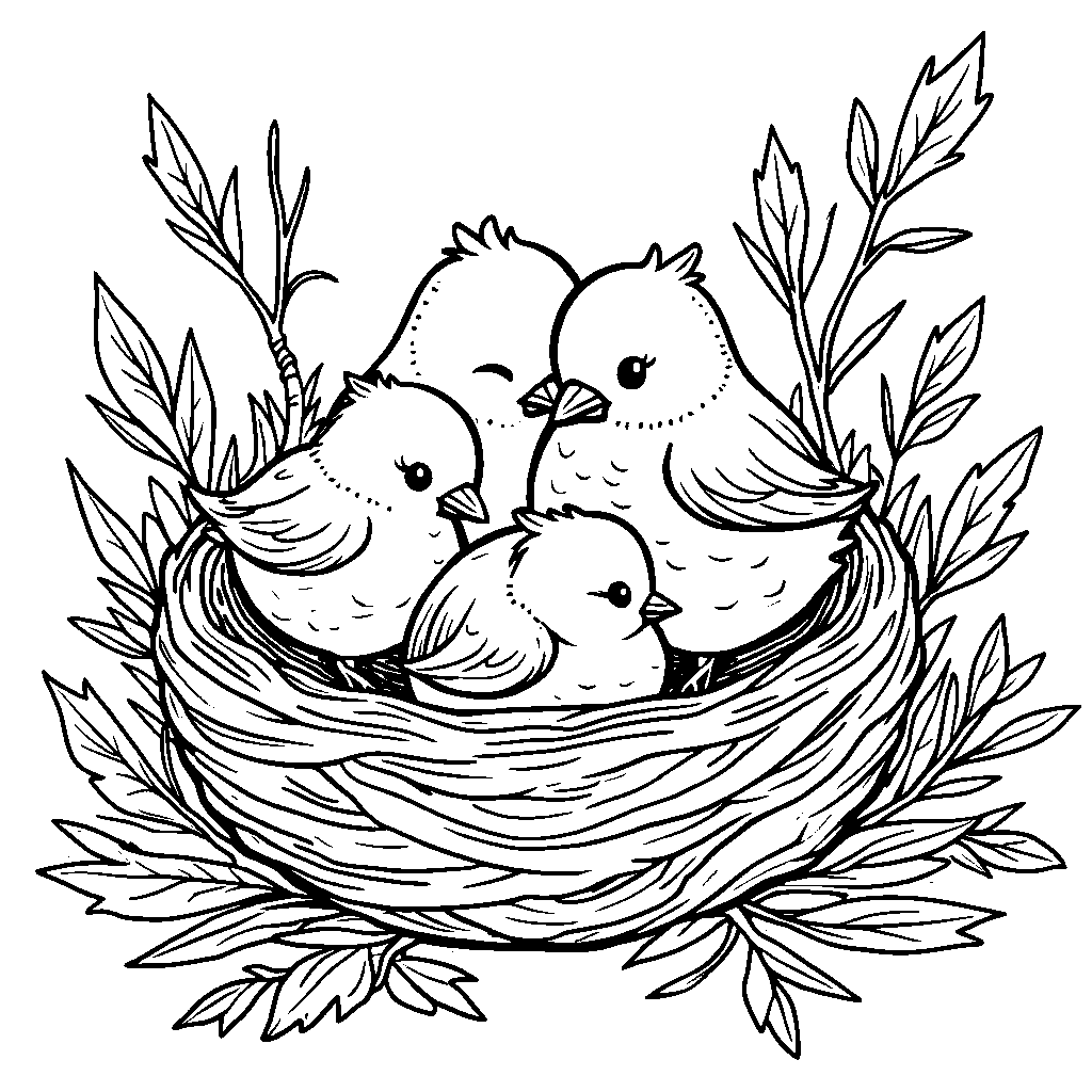 A group of baby birds snuggled up in their nest