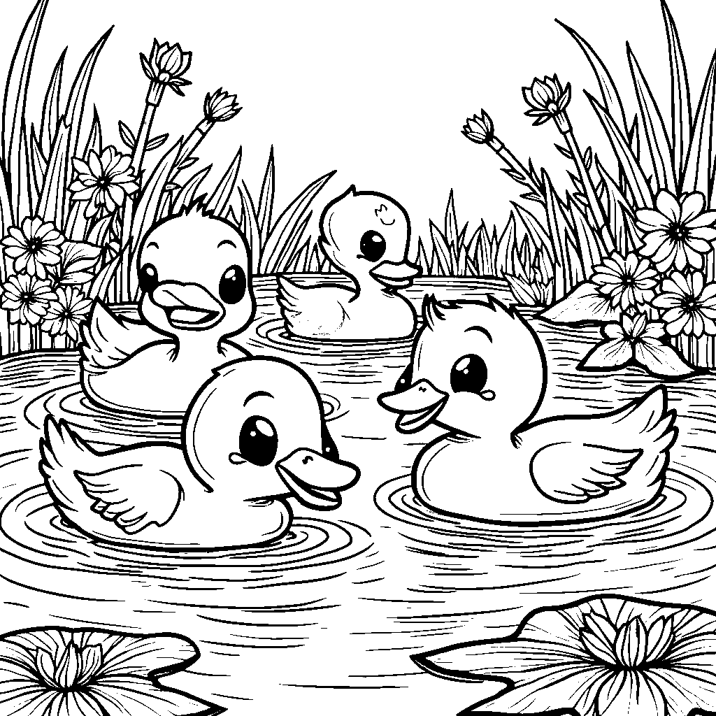 A group of ducks swimming in a pond