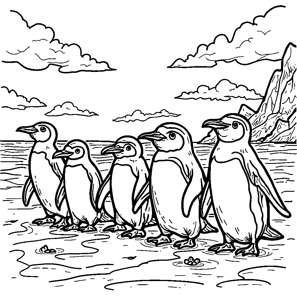 A group of penguins waddling on the beach