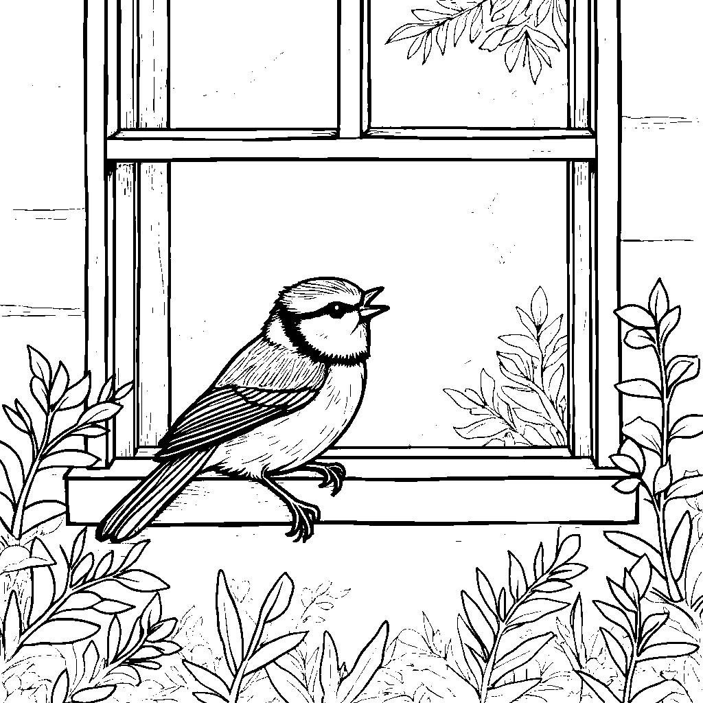 A little blue tit perched on a windowsill