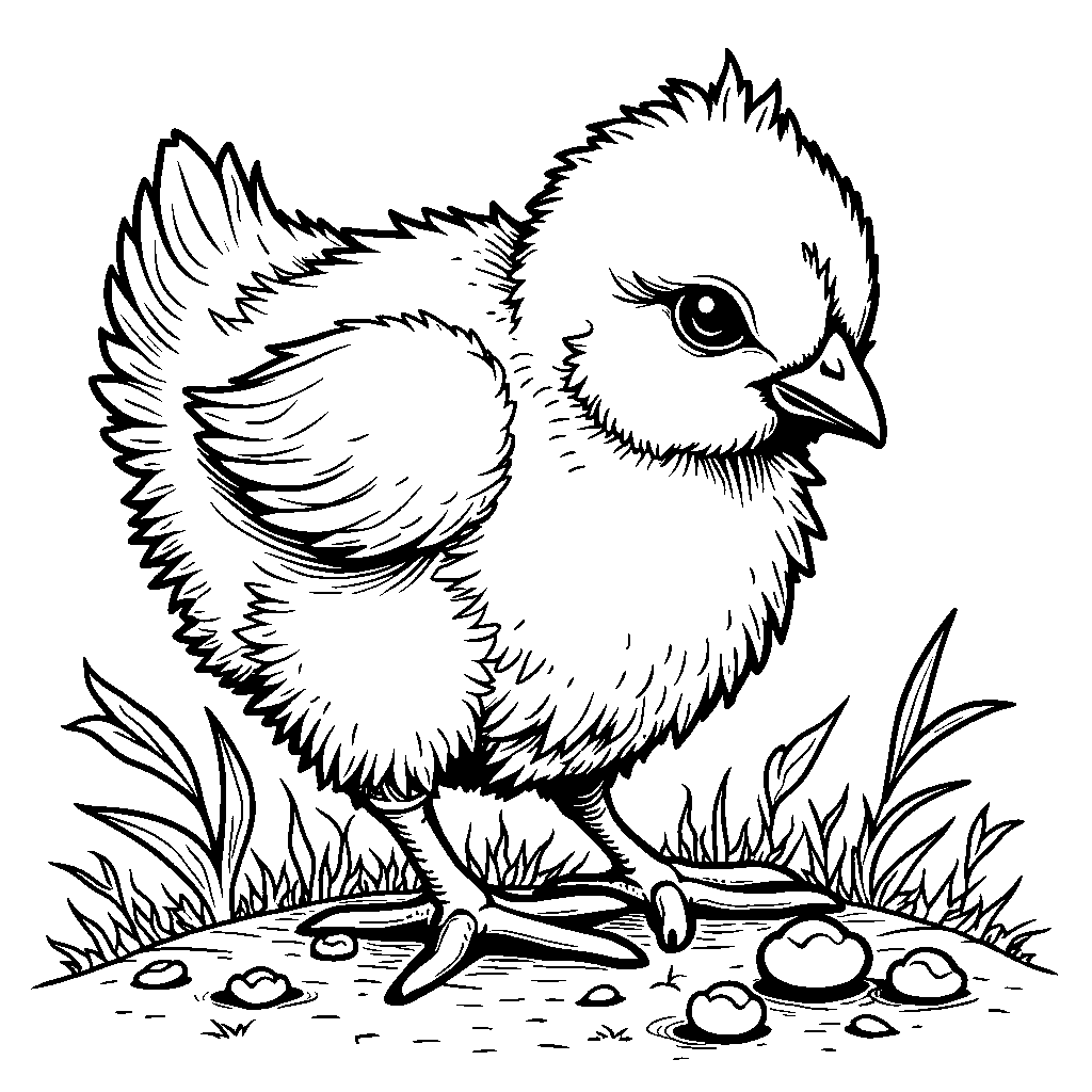 A little chick pecking at the ground for food