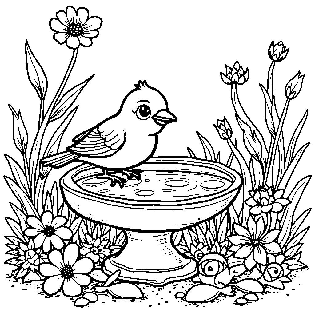 A little sparrow taking a bath in a birdbath