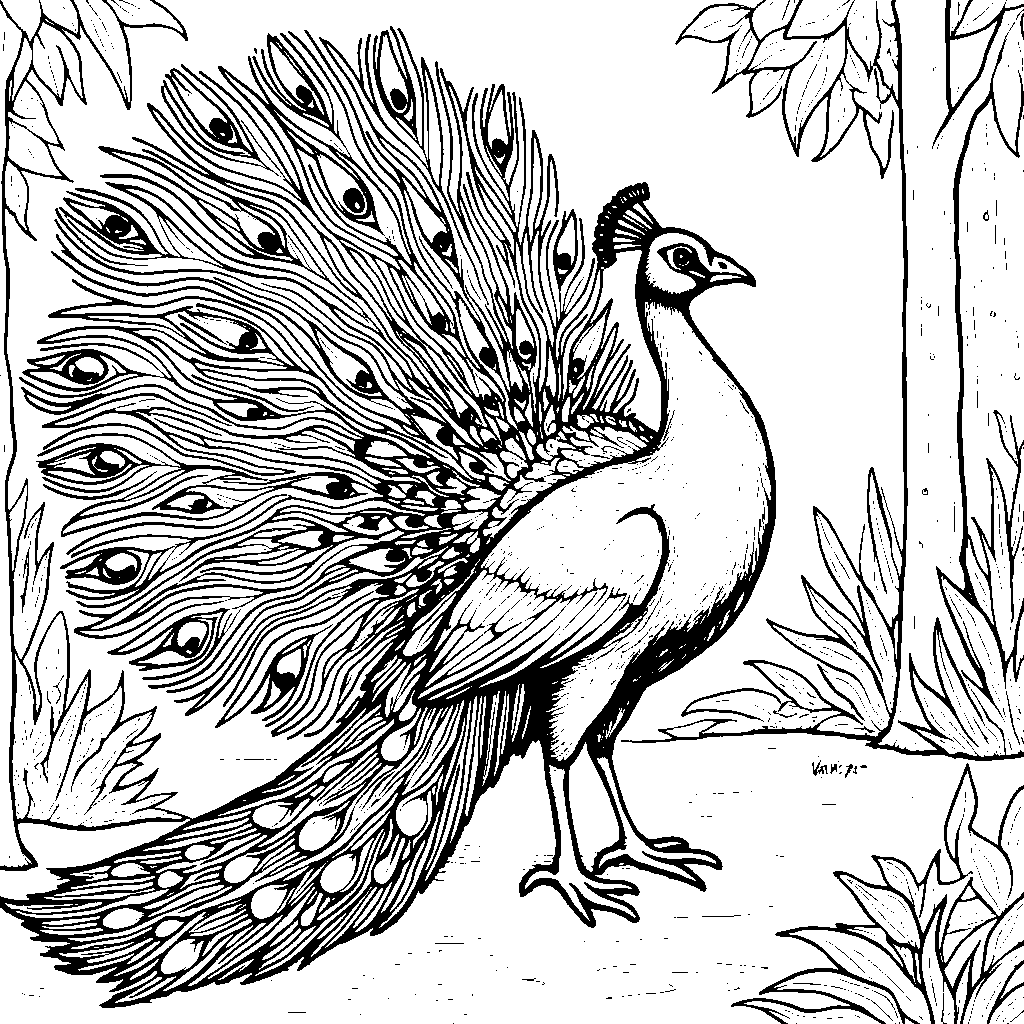 A peacock's tail feathers spread wide on the forest floor