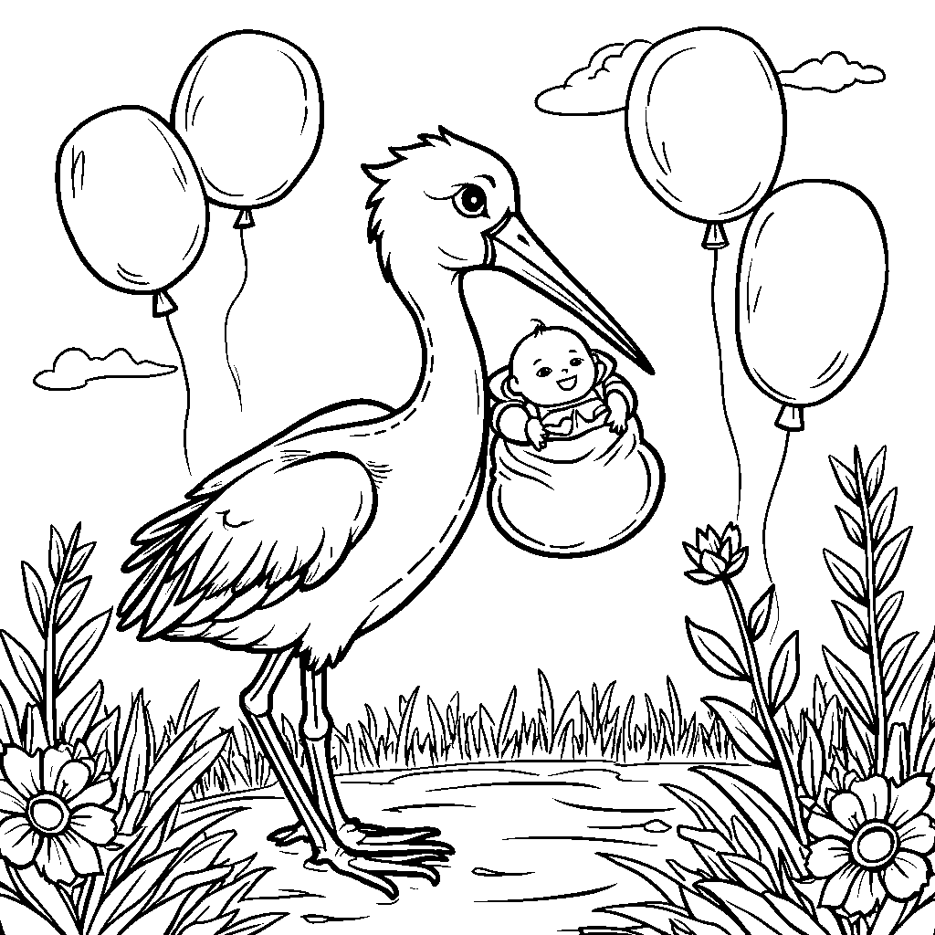 A stork delivering a baby to a happy family