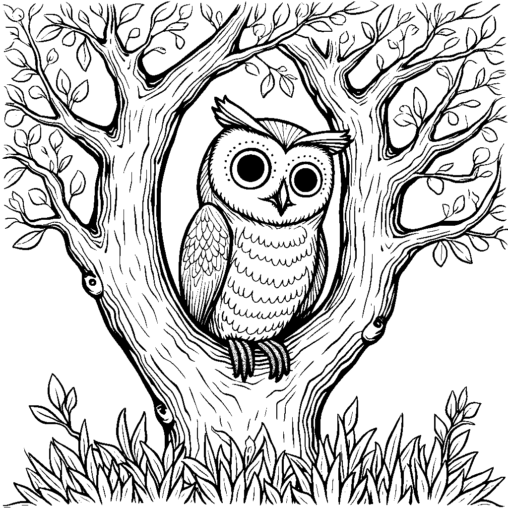 A wise old owl perched in a hollow tree