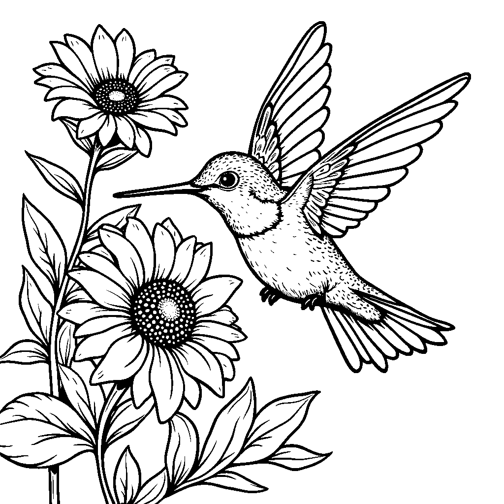 A hummingbird hovering in front of a bright flower