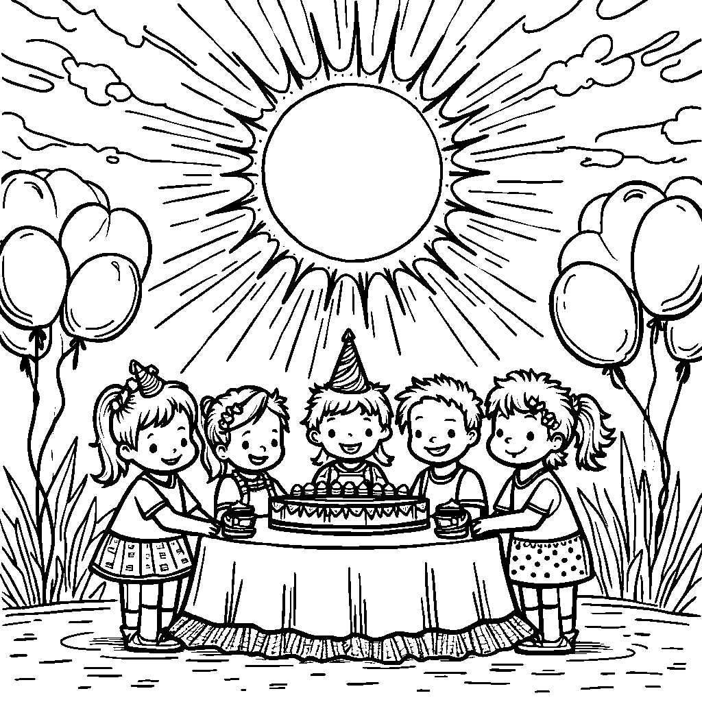 A big, bright sun shining down on a birthday party