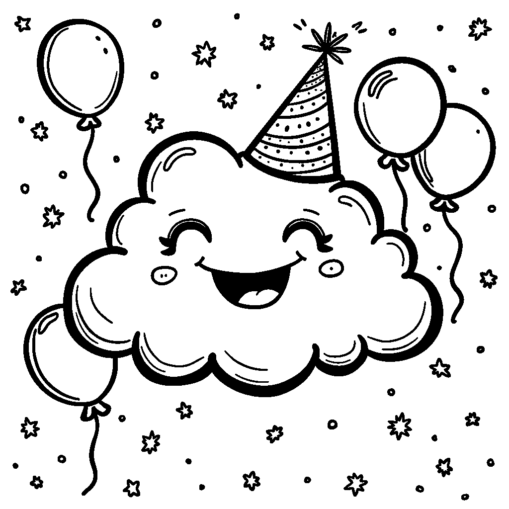 A big, fluffy cloud with a smiling face and a party hat