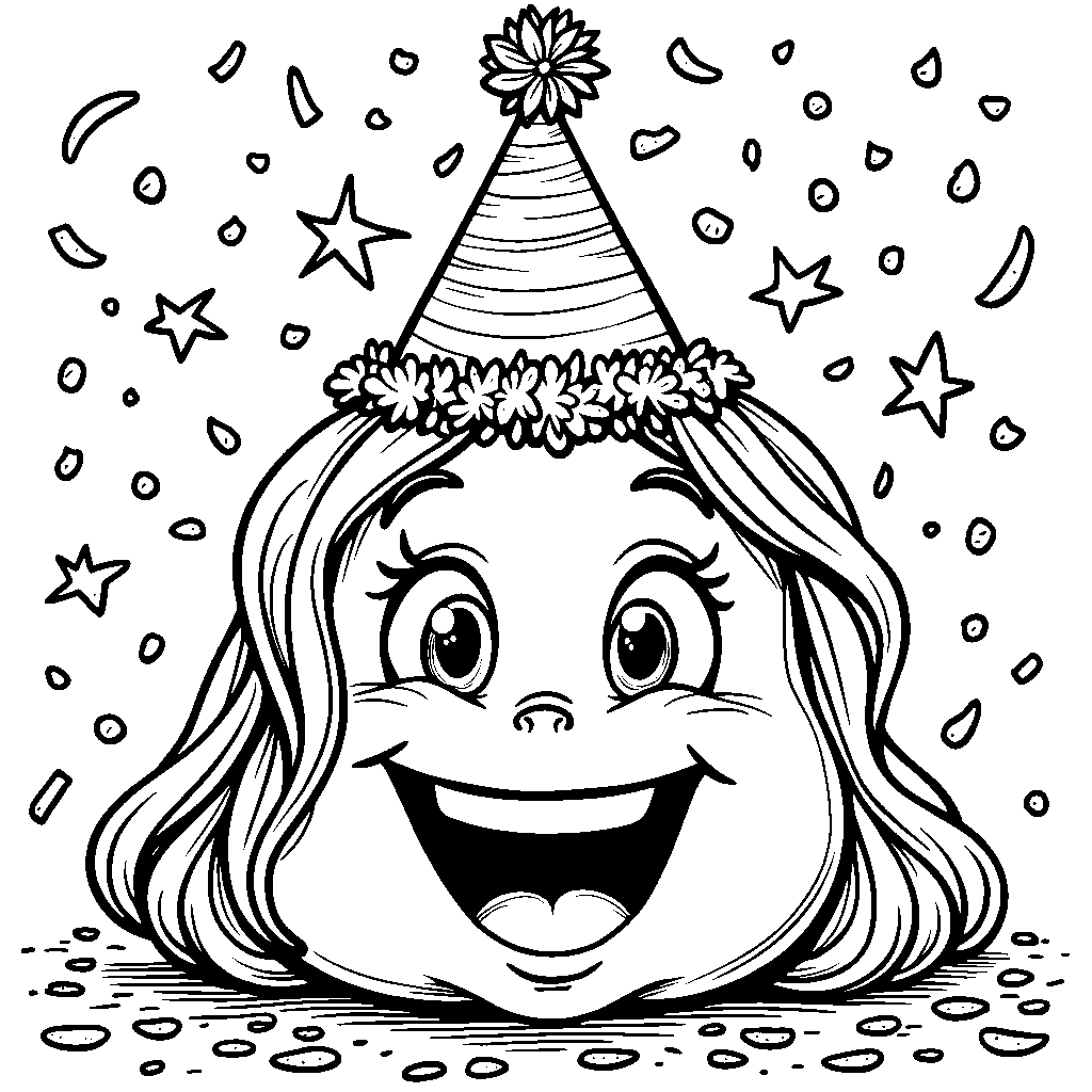 A big, happy face with a party hat and confetti