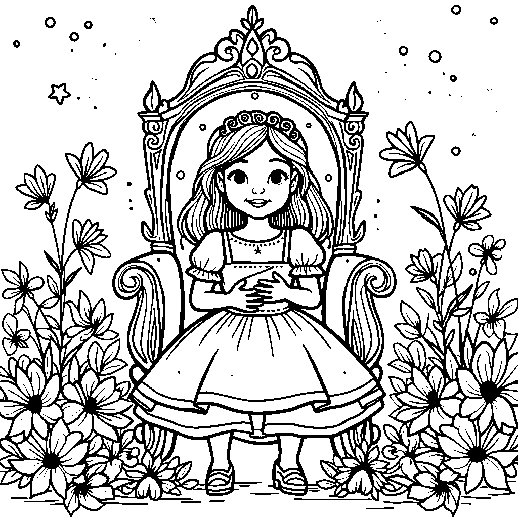 A birthday girl sitting on a throne, surrounded by flowers