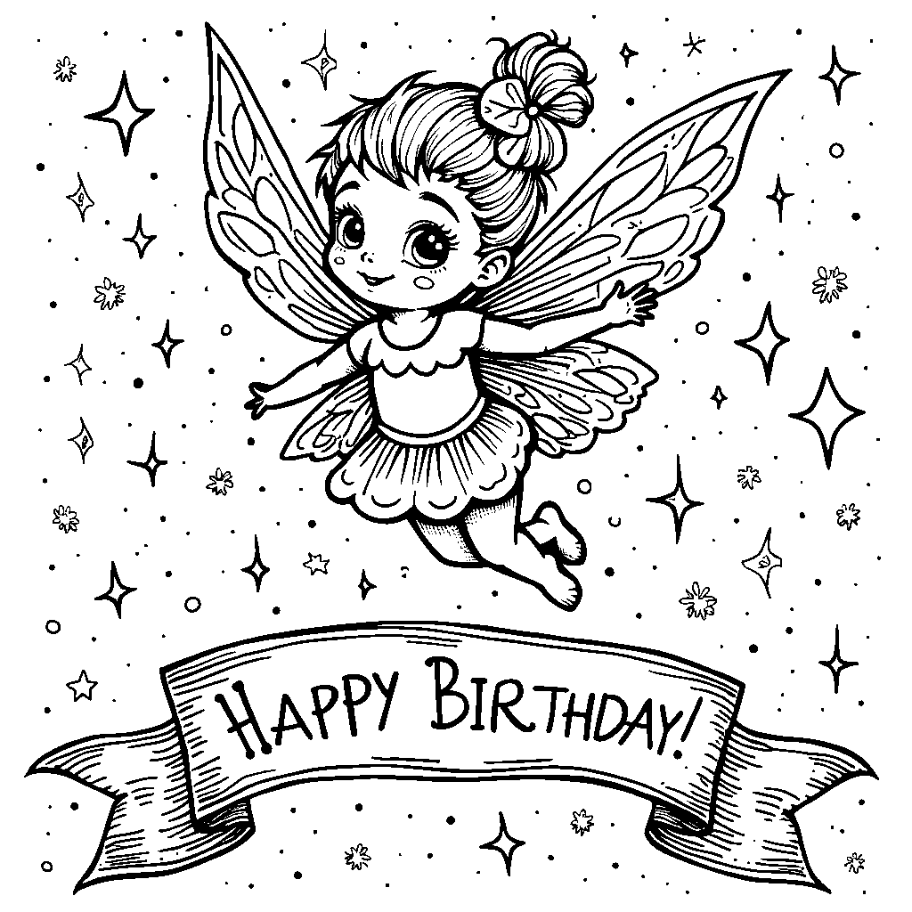 A fairy flying above a birthday banner with sparkles