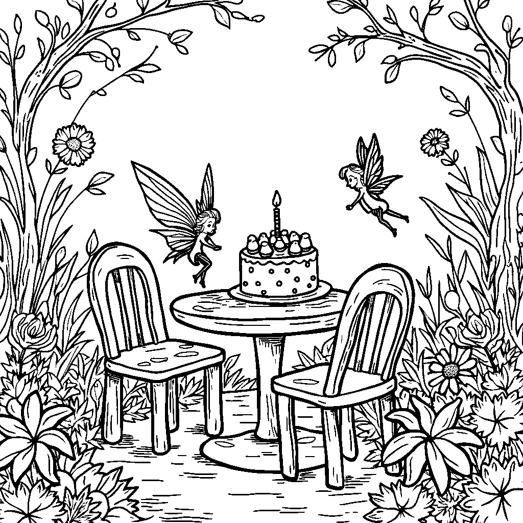 A fairy garden with tiny furniture and a birthday cake