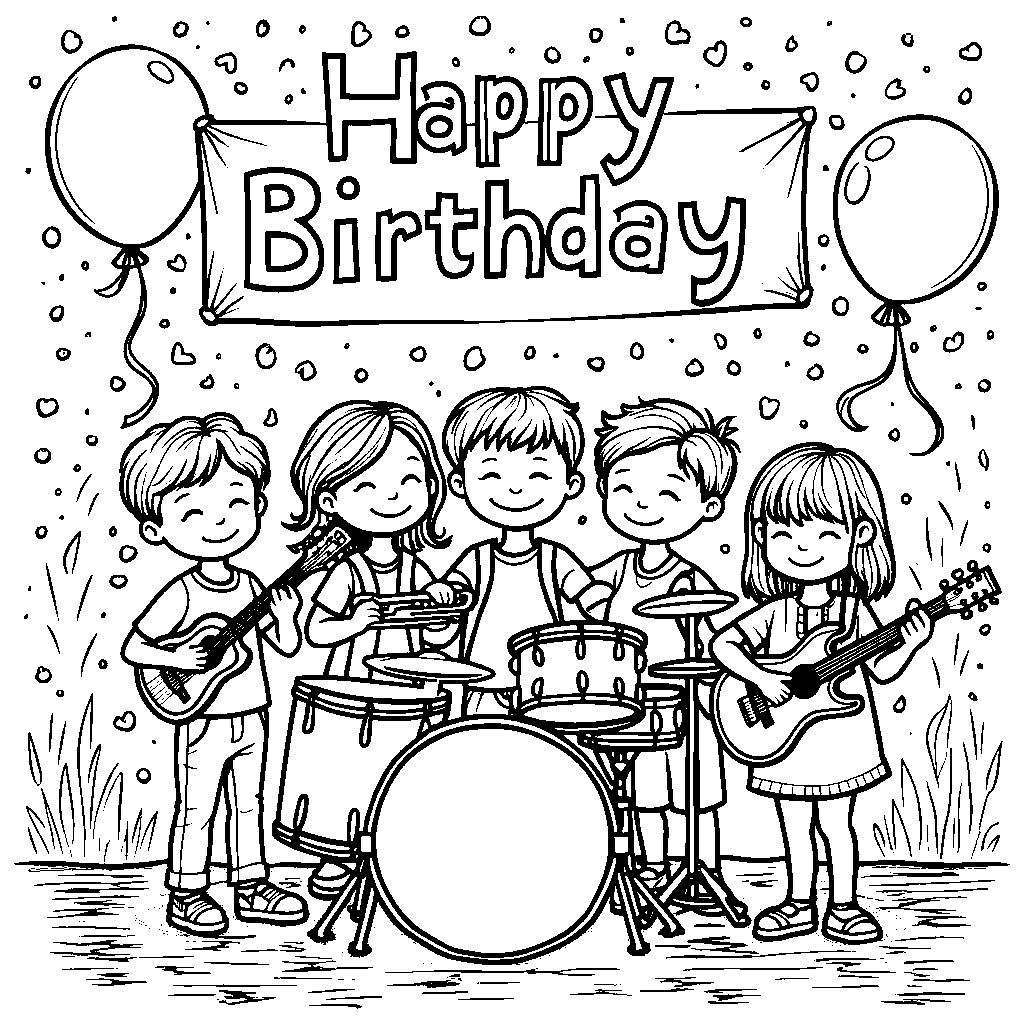 A group of kids playing musical instruments at a birthday party