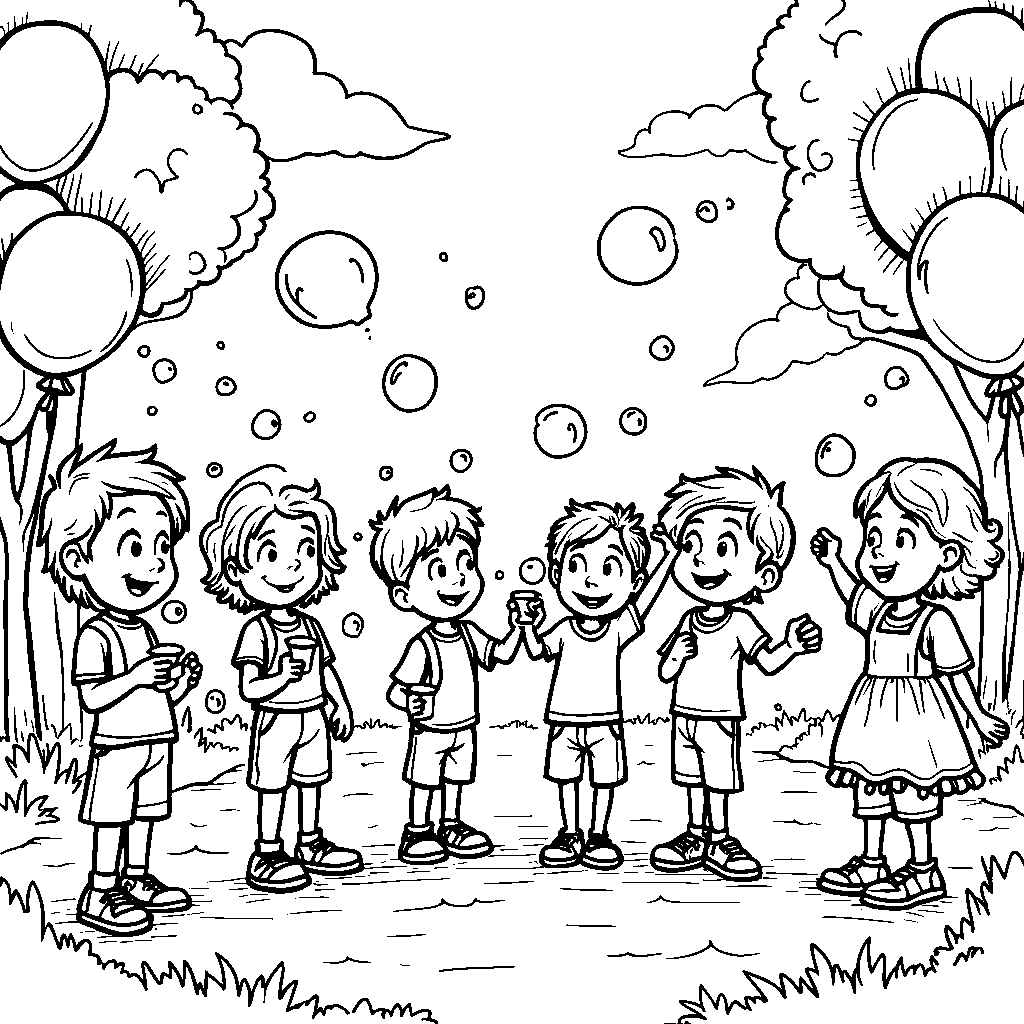 A group of kids playing with bubbles at a birthday party