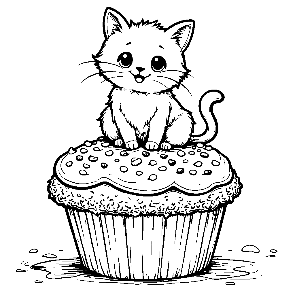 A happy cat sitting on top of a giant cupcake