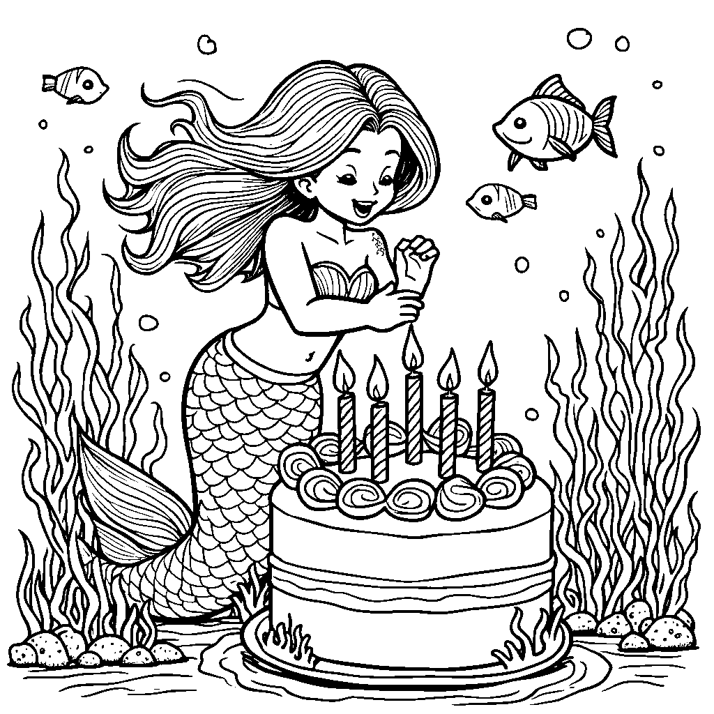 A mermaid blowing out candles underwater