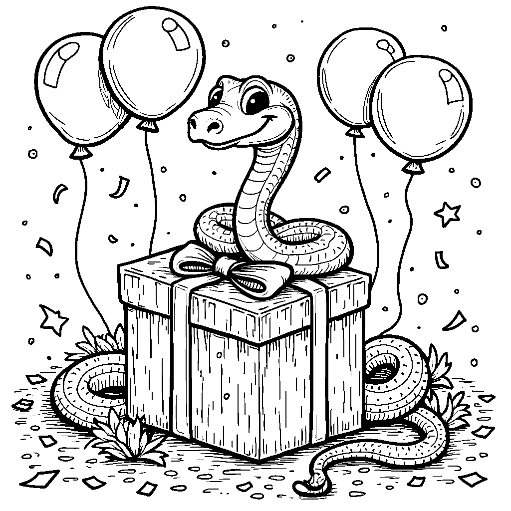 A smiling snake wrapped around a giant birthday present