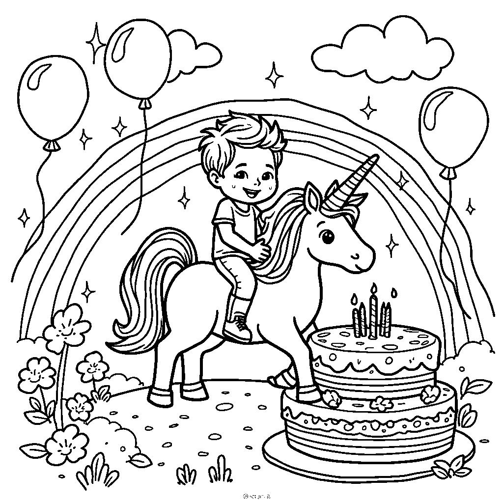 Birthday boy riding a unicorn through a rainbow