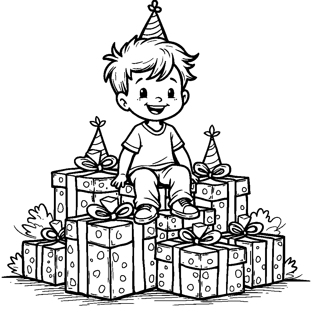 A birthday boy sitting on top of a giant stack of presents