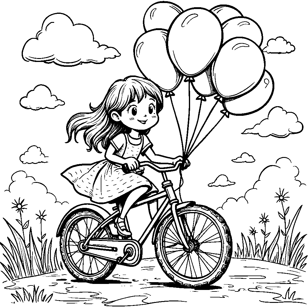 Birthday girl riding a bike with balloons tied to the back