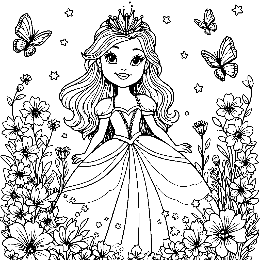 Birthday princess surrounded by flowers and butterflies