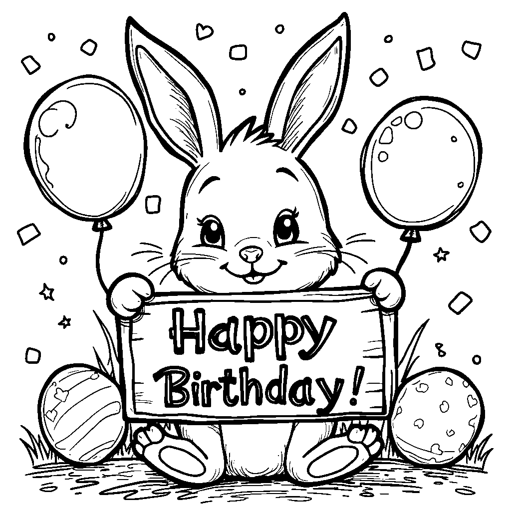 A cute, little rabbit holding a 'Happy Birthday' sign