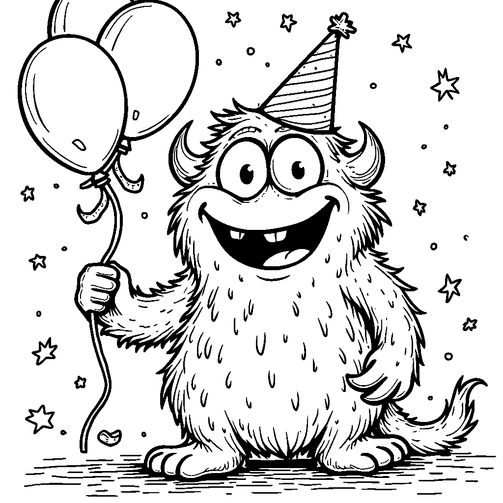 Cute monster wearing a party hat and holding balloons