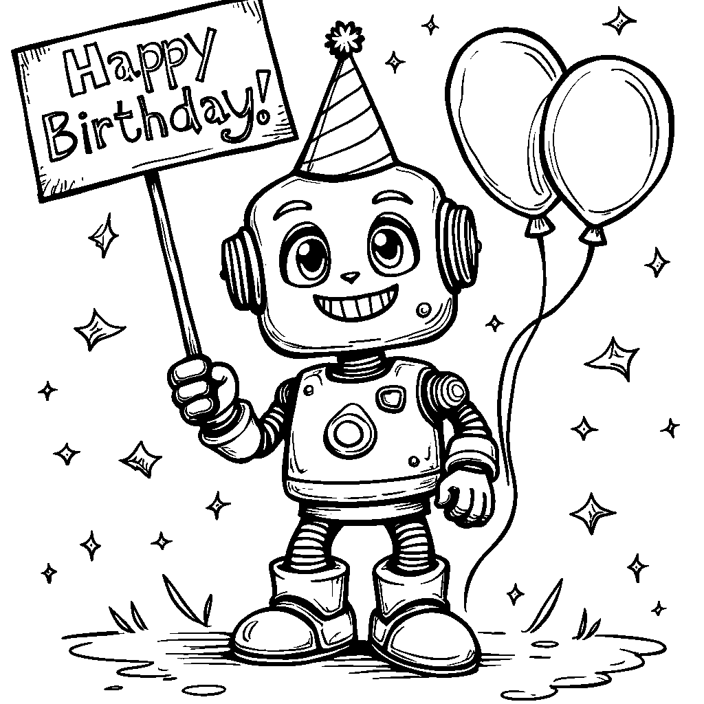 A robot holding a 'Happy Birthday' sign and wearing a party hat