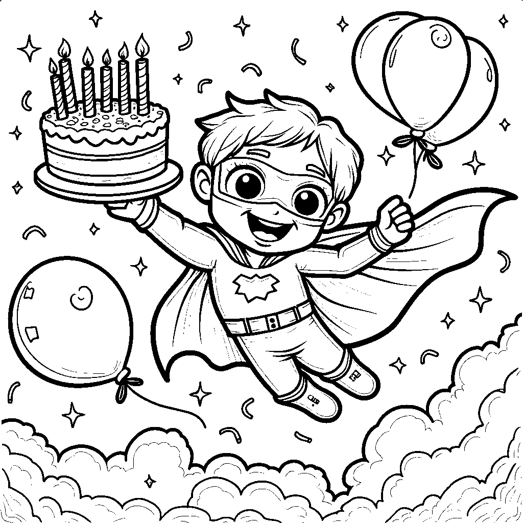 A superhero flying through the air with a birthday cake