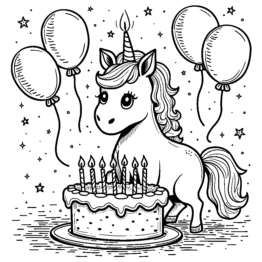 Unicorn blowing out candles on a birthday cake