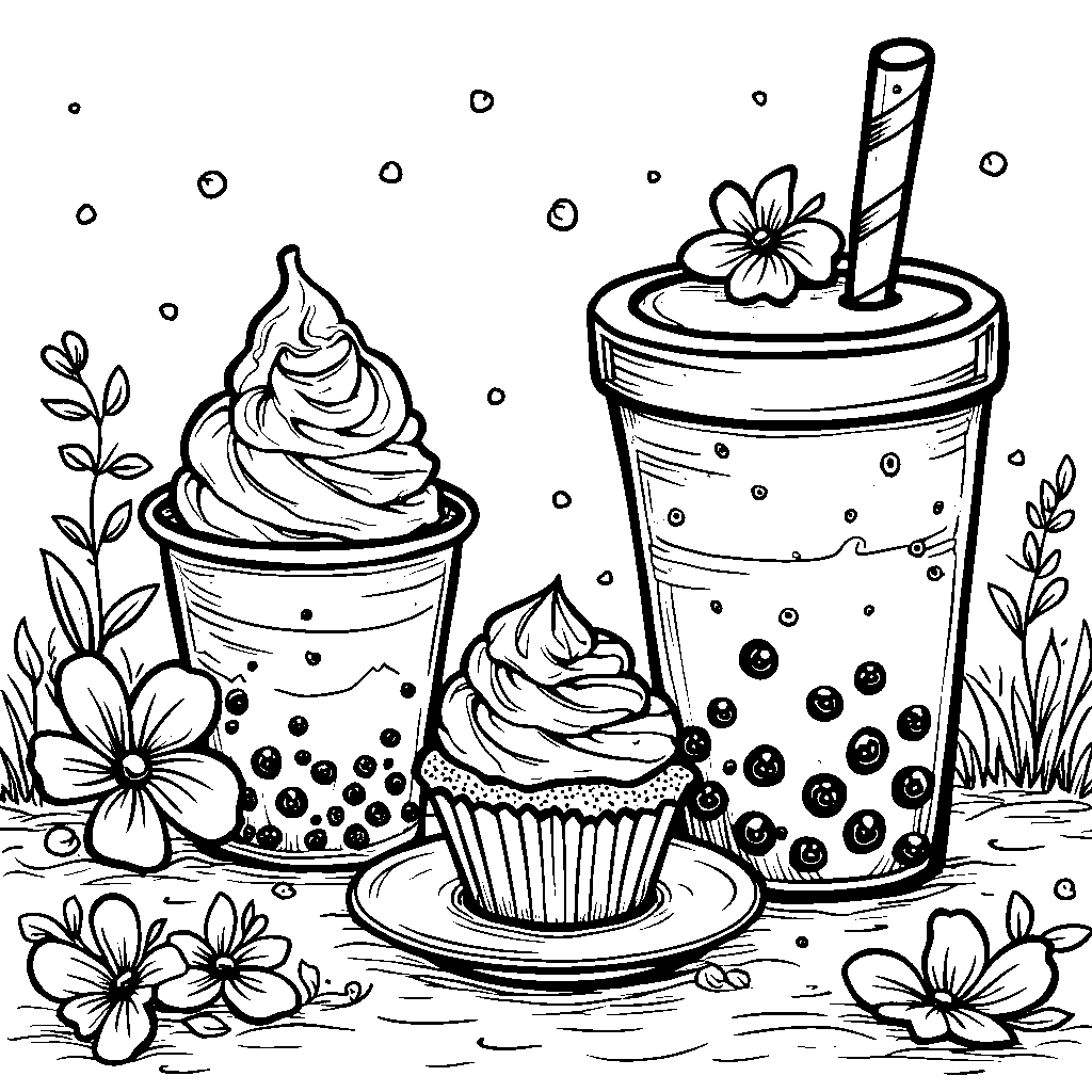 A boba cup and a cupcake having a tea party