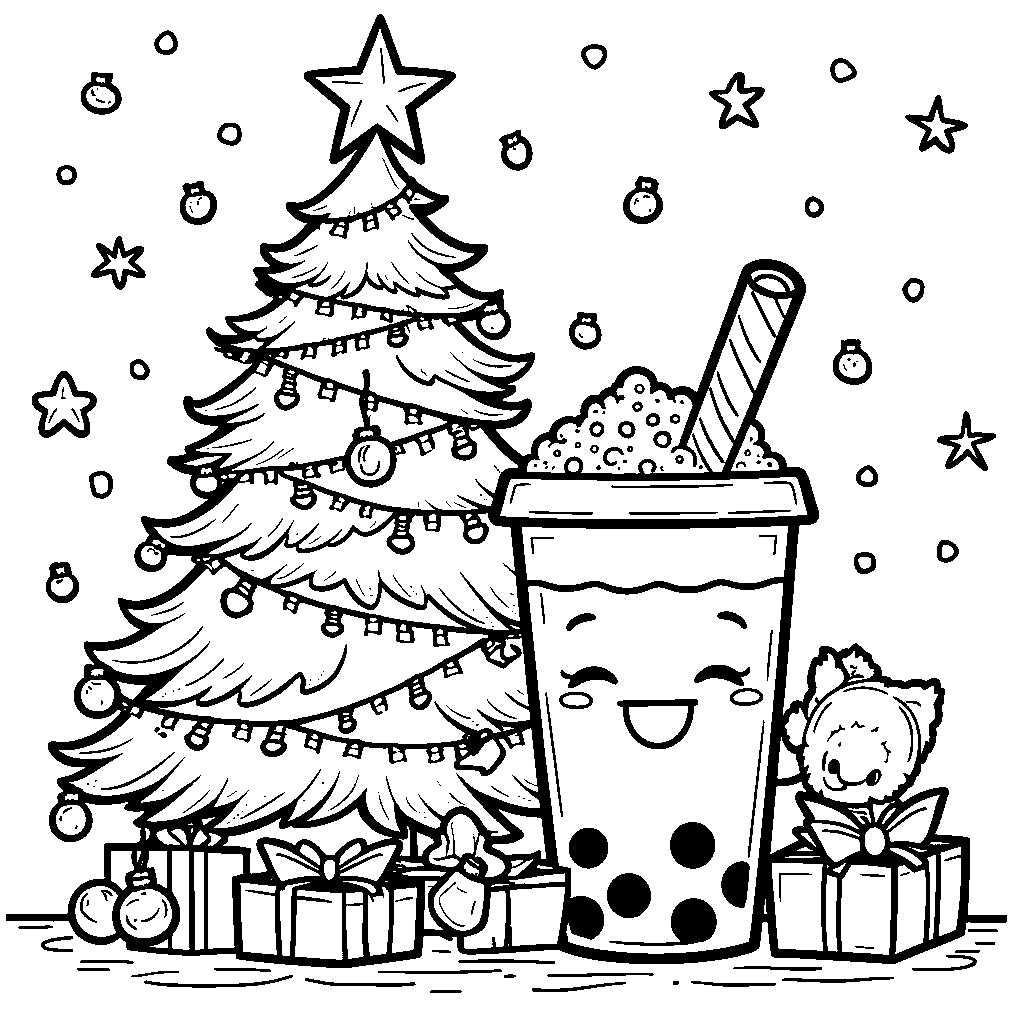 A boba cup decorating a Christmas tree