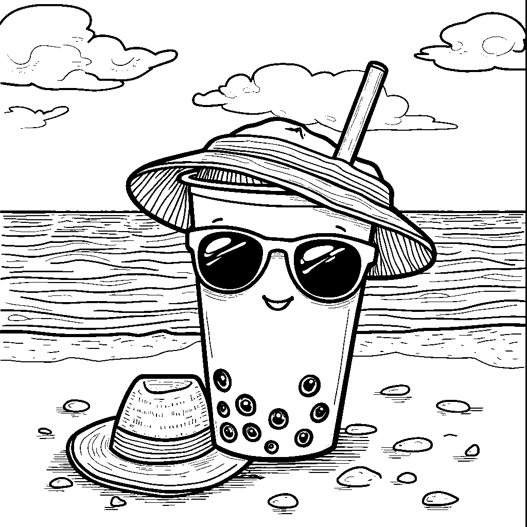 A boba cup dressed for a beach day