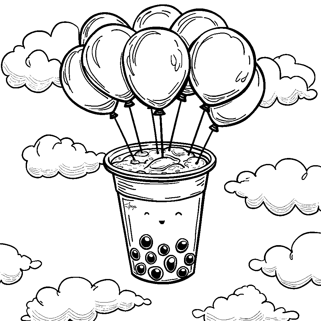 A boba cup floating in the sky with balloons