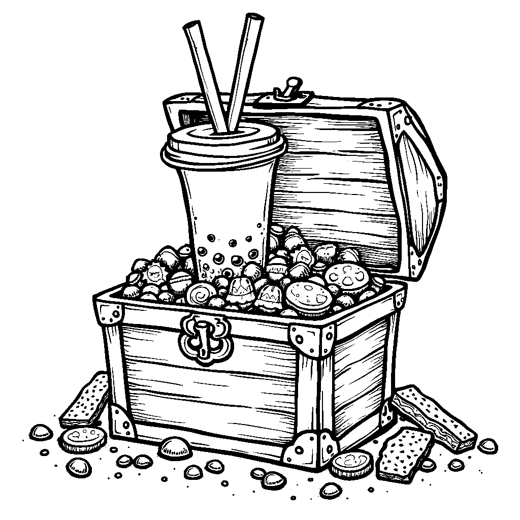 A boba cup in a treasure chest full of toppings.