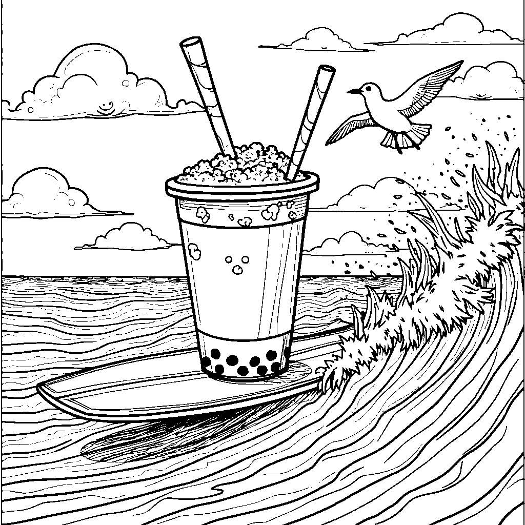 A boba cup on a surfboard riding a wave