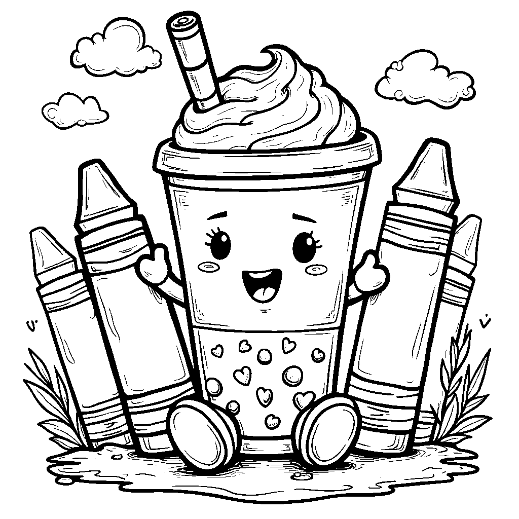 A boba cup playing with giant crayons