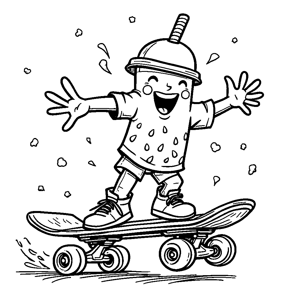 A boba cup riding a skateboard