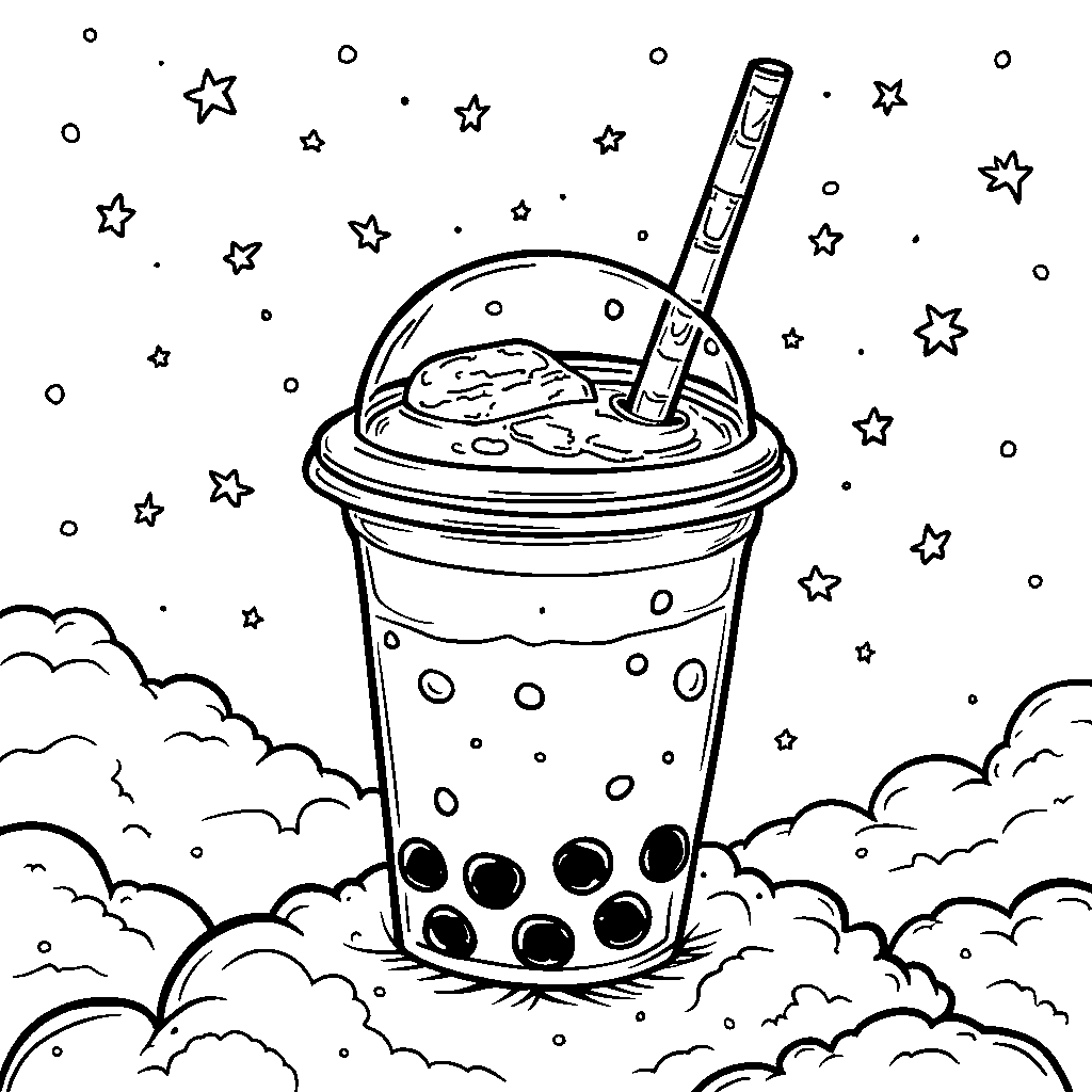 A boba cup sitting on a cloud in a starry sky