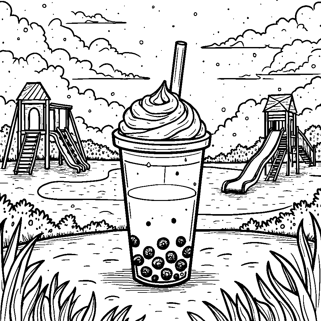 A boba drink in a park with a playground