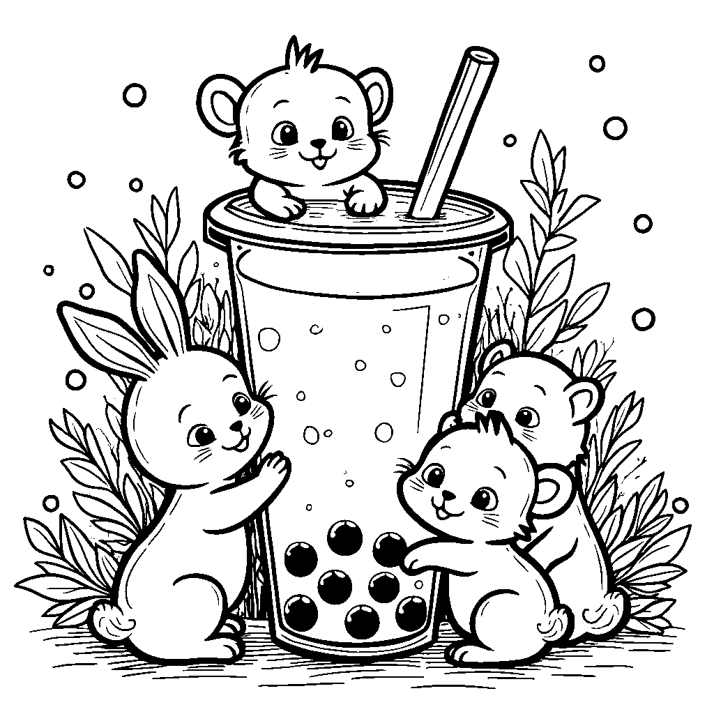 A boba drink with animal pals around it