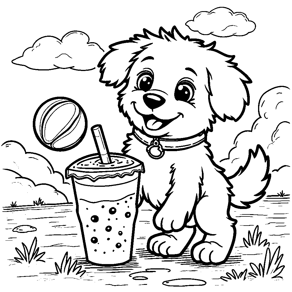 A boba tea dog playing fetch with a ball