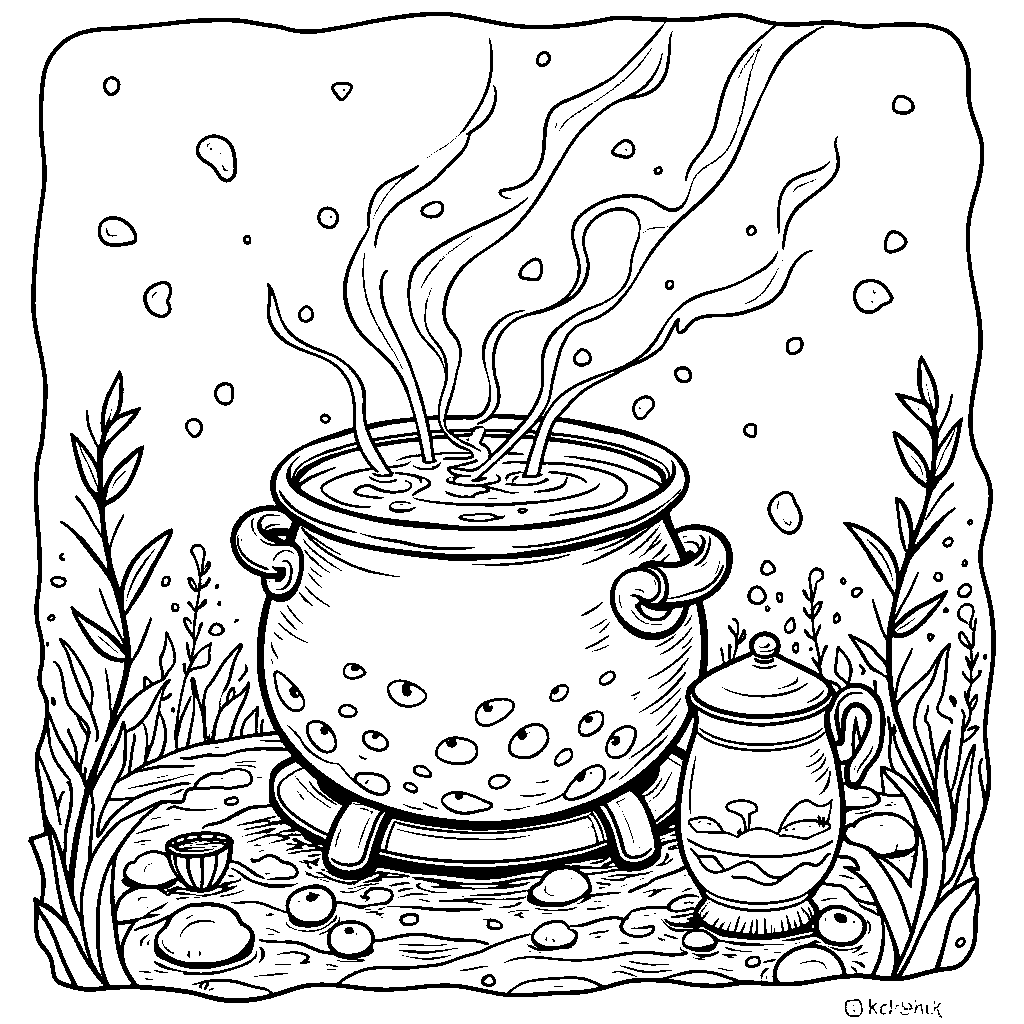 A boba tea potion brewing in an enchanted cauldron