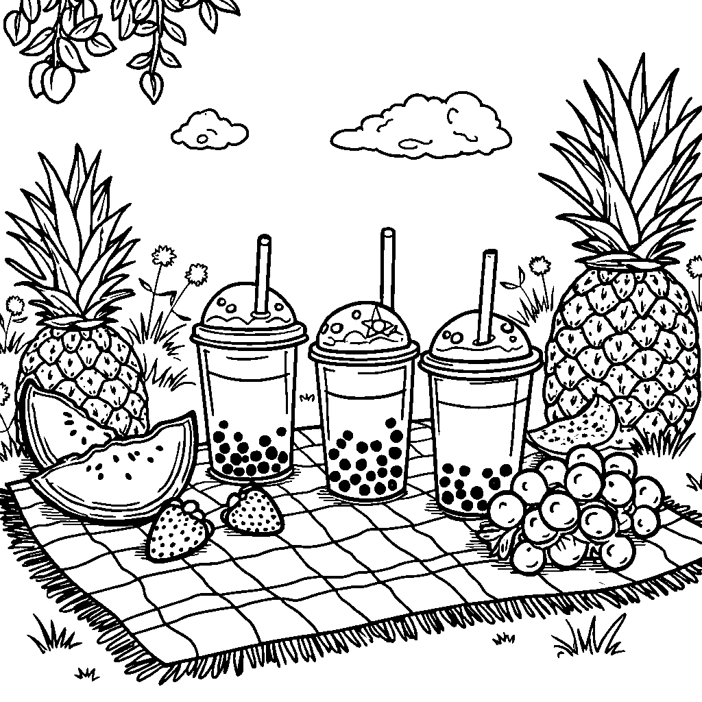 A colorful boba tea picnic with fruits