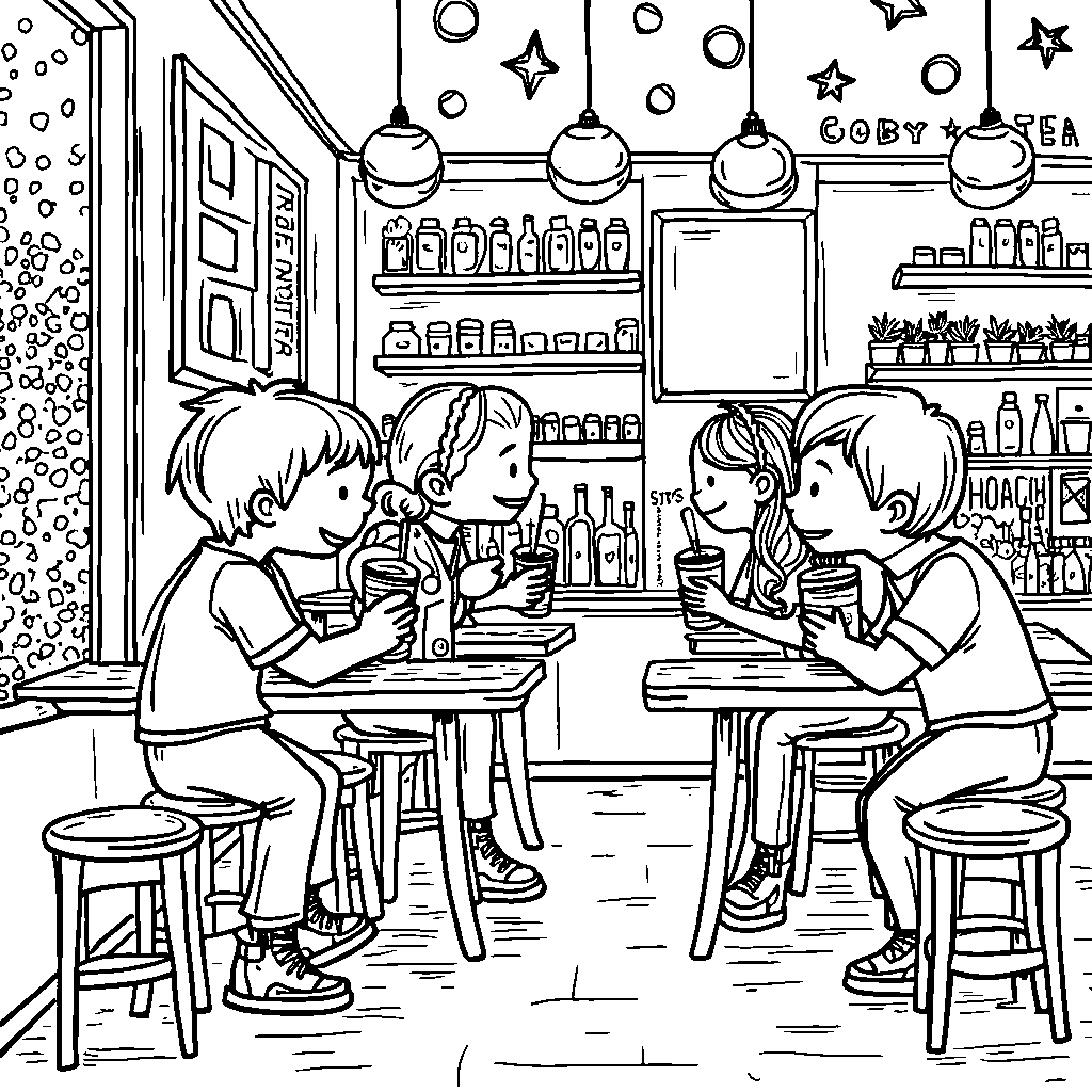 A cozy café scene with kids drinking boba tea