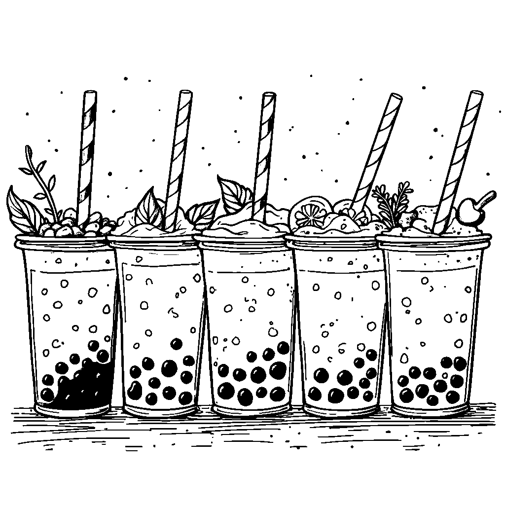 A rainbow of boba drinks lined up in a row